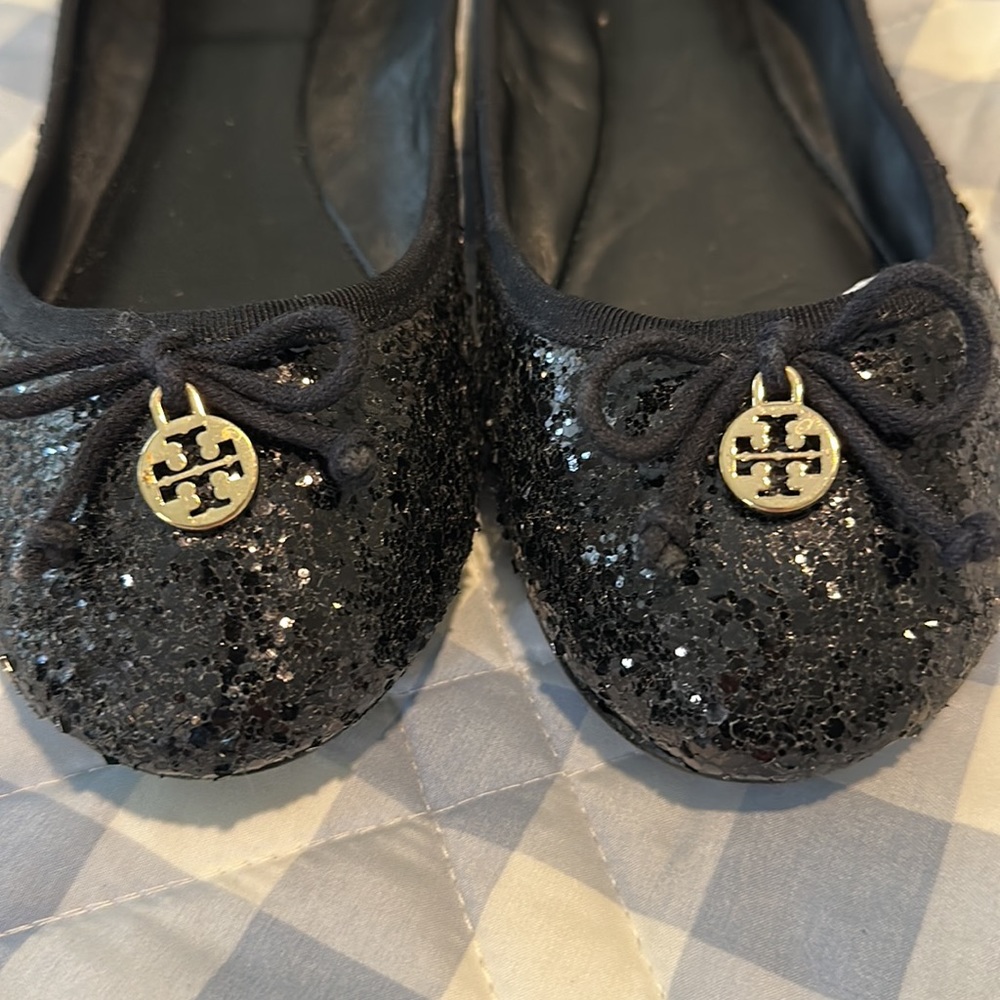 Tory Burch Black Glitter Ballet Flats. Size 8. Gem